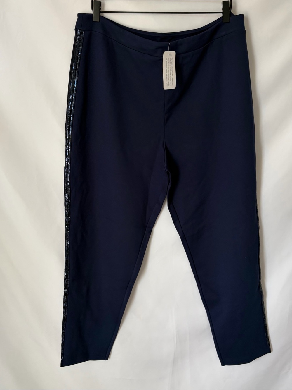NWT Joan Rivers Red Carpet Signature Knit Ankle Pant W/ Sequin Side Navy XL